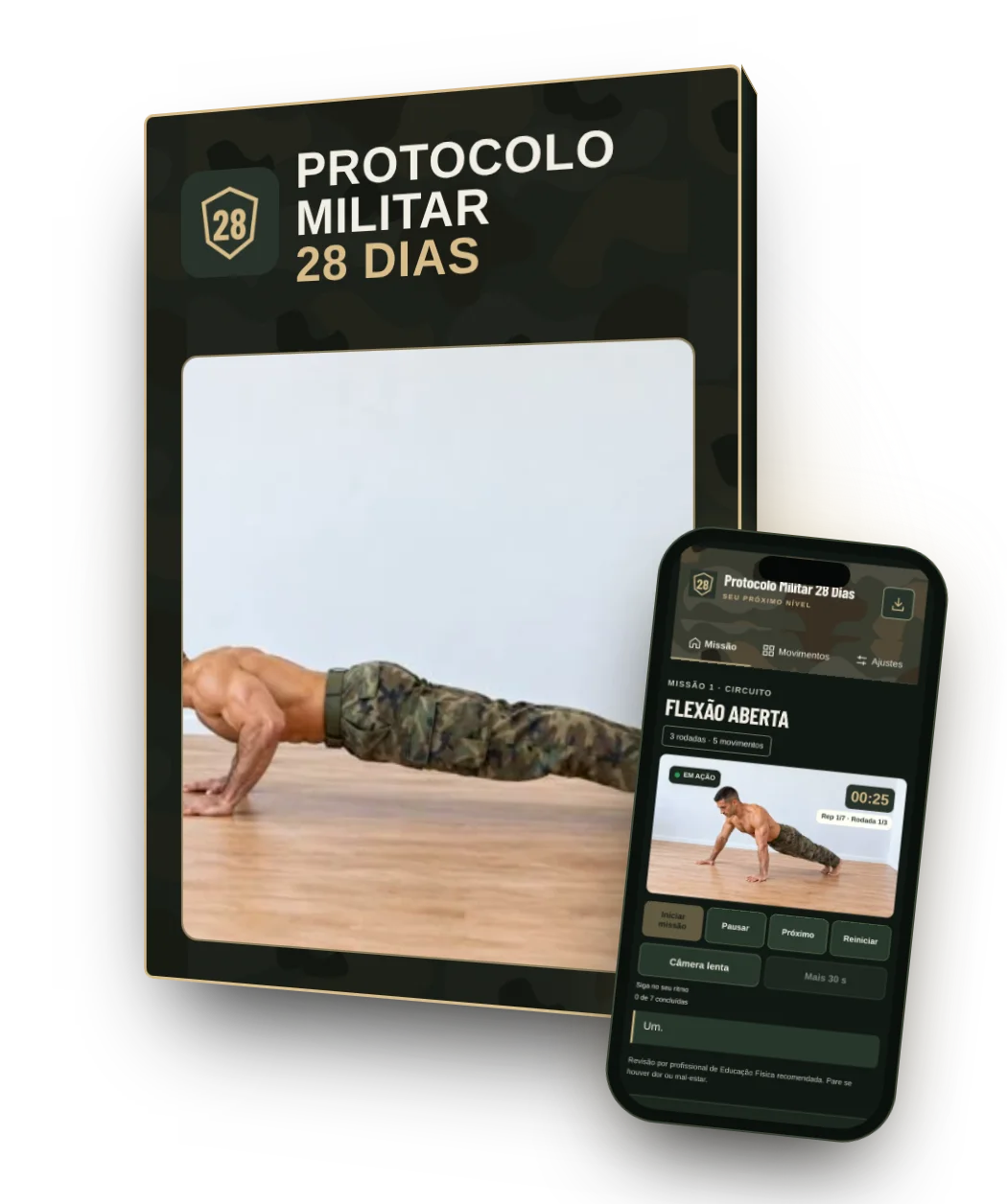 Caixa do produto Protocolo Militar 28 Dias com o aplicativo no celular