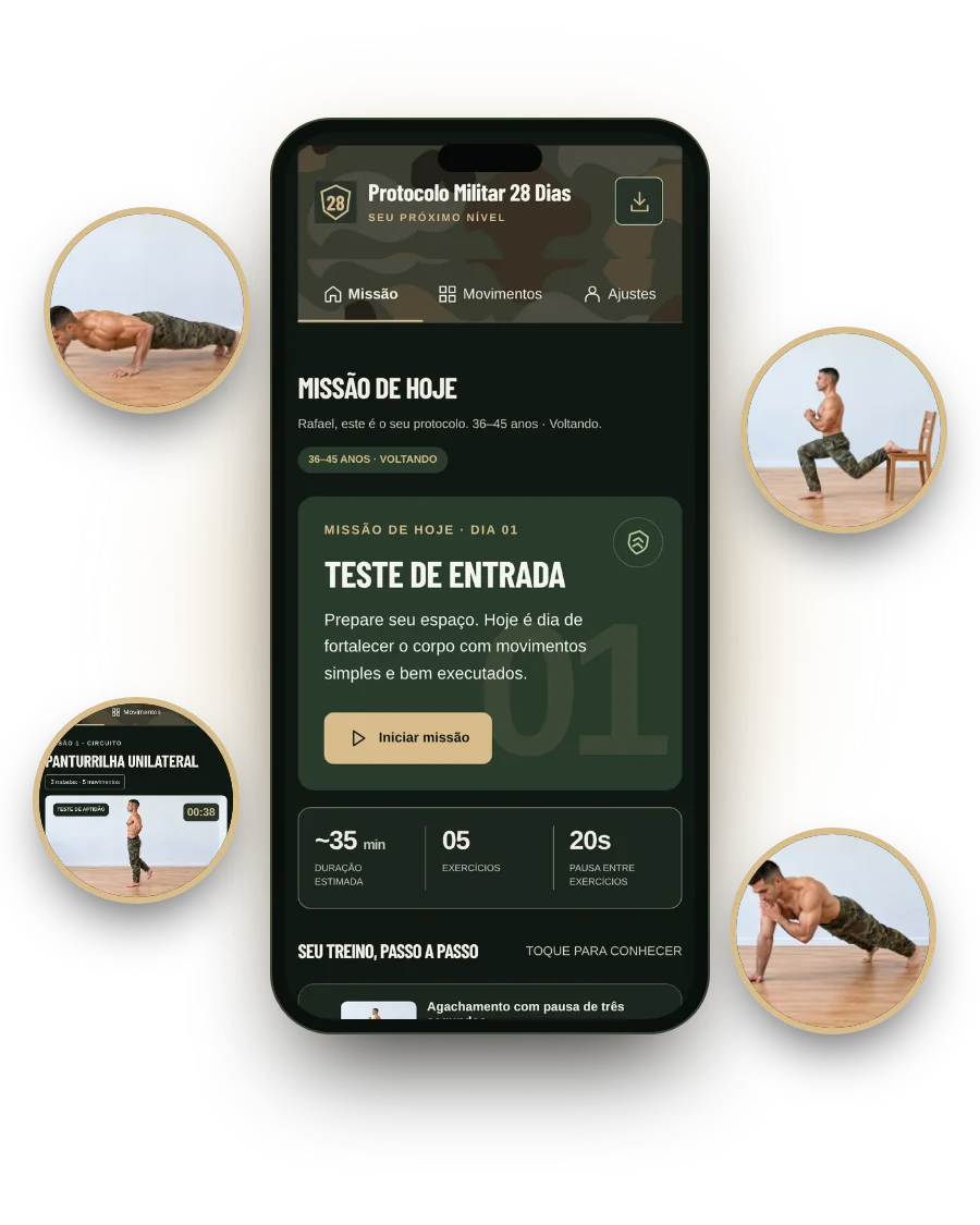 Aplicativo Protocolo Militar 28 Dias no celular com a missão de hoje, exercícios em vídeo e teste de aptidão