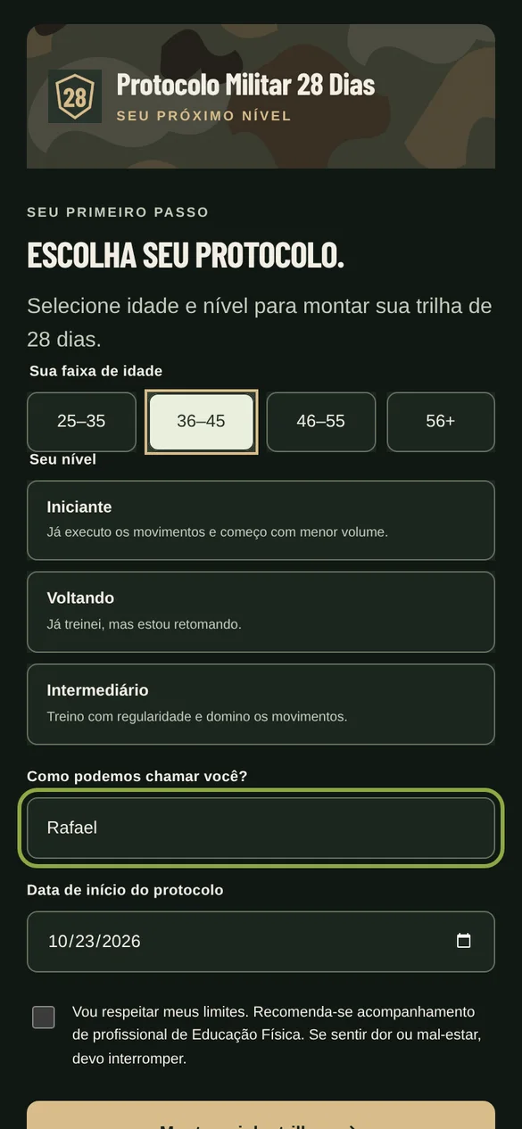Tela real: escolha do protocolo por idade e nível