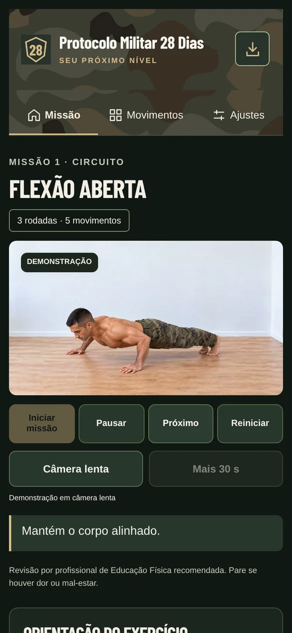 Conheça o Protocolo Militar 28 Dias — tela real do aplicativo