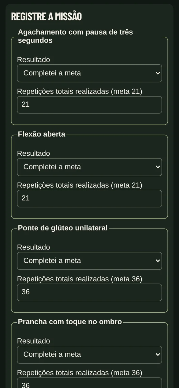 Tela real: registro da missão