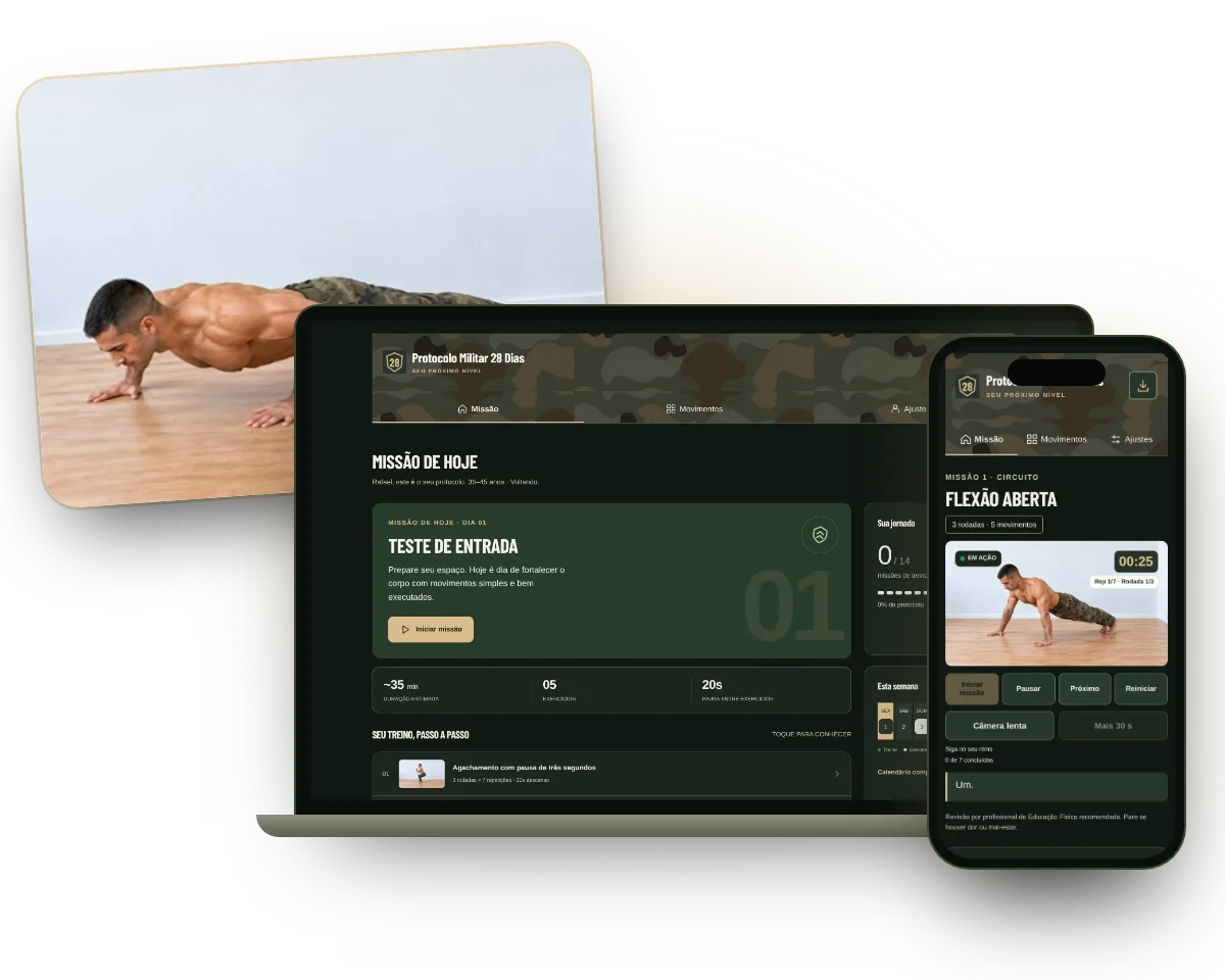 Protocolo Militar 28 Dias no notebook e no celular, com o treino guiado